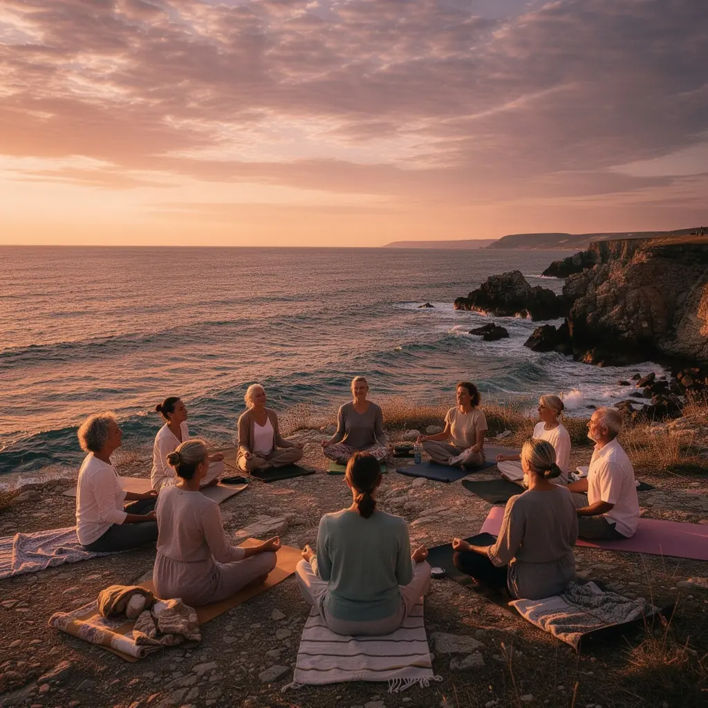 Група хора тренират в парк, усмихнати и мотивирани.