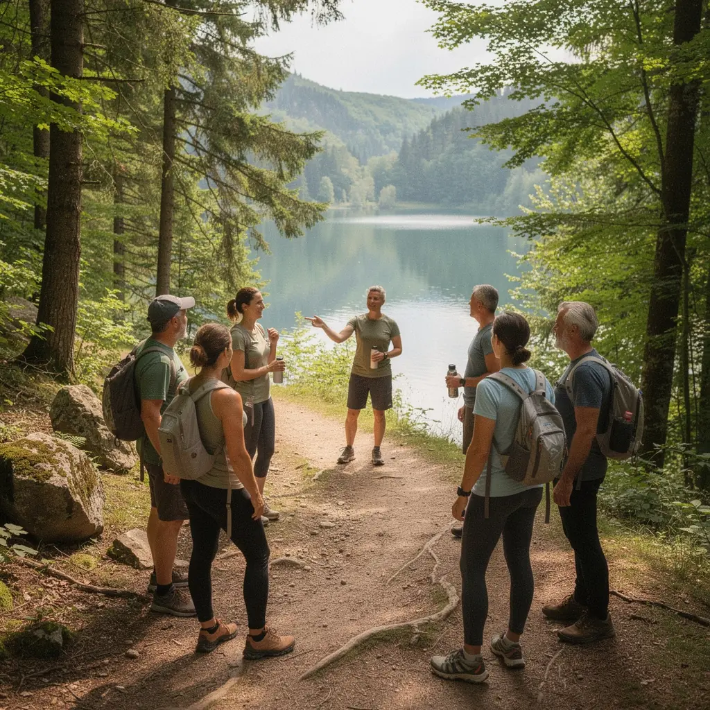 Сесия по стрес редукция с група участници, седящи в кръг и споделящи опит.